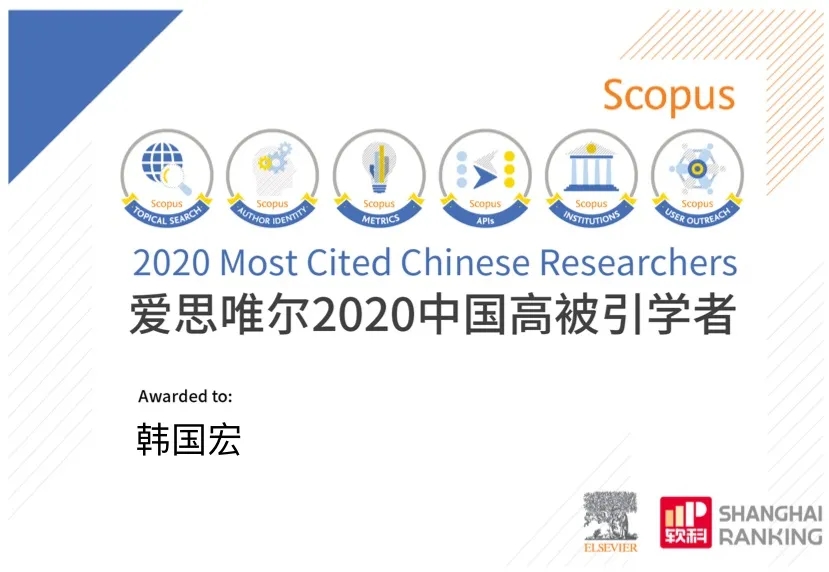 韓國宏教授入選 “2020年中國高被引學(xué)者”榜單！
